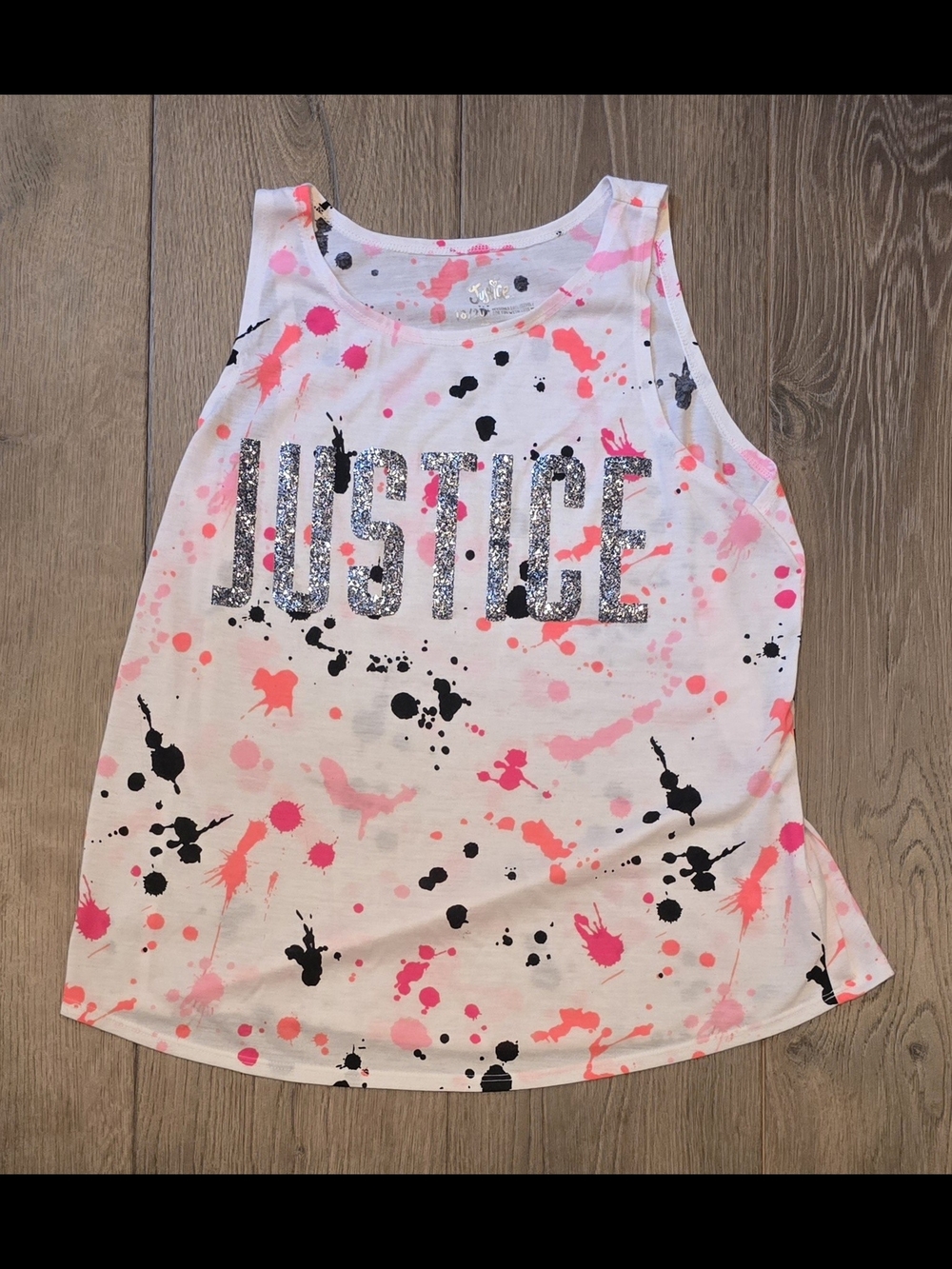 Justice Girls Glitter Logo Splatter Tank Top White Pink Black Sleeveless 18/20